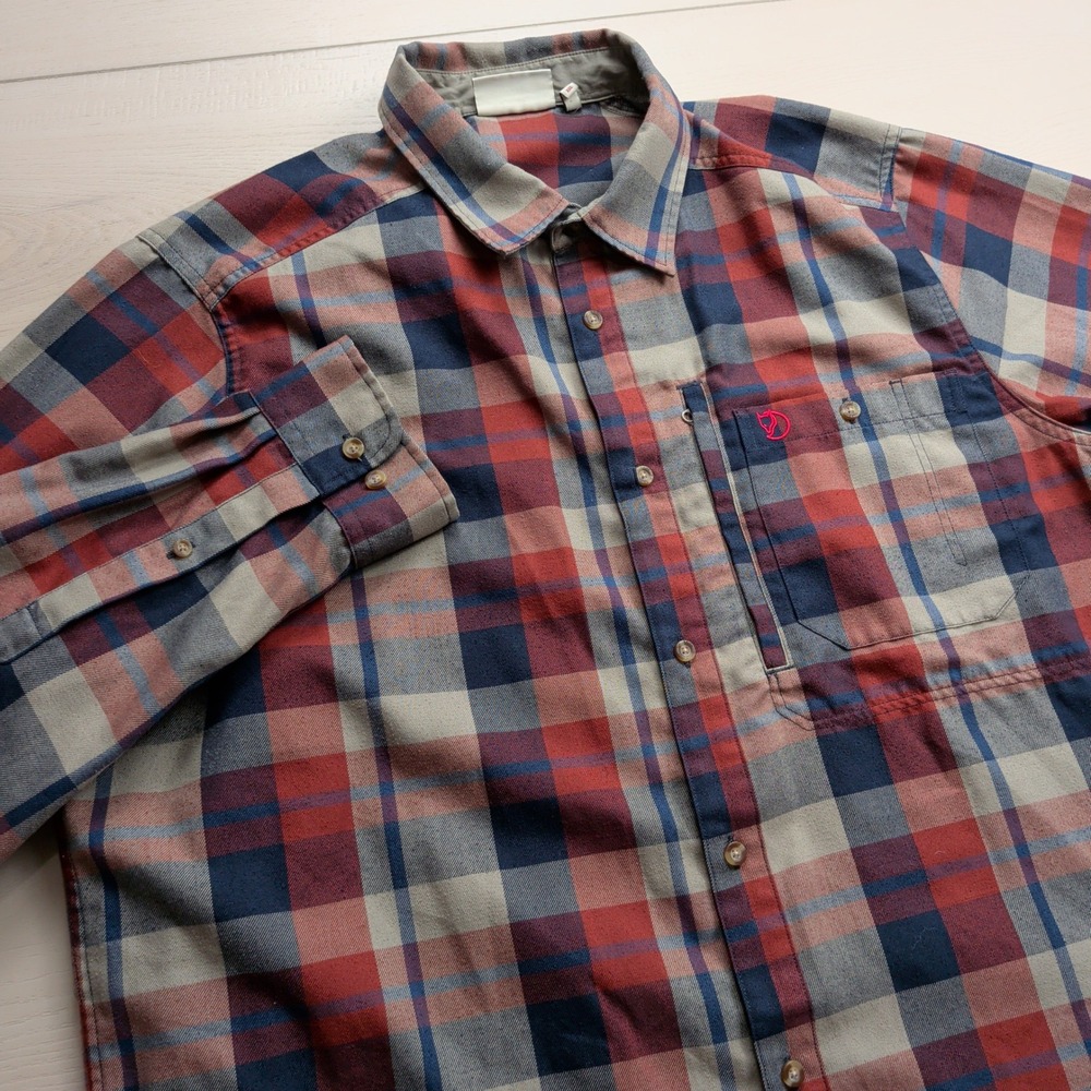 Fjallraven Fjallglim Flannel Shirt Mens XXL Plaid Long Sleeve Button Up Red Navy